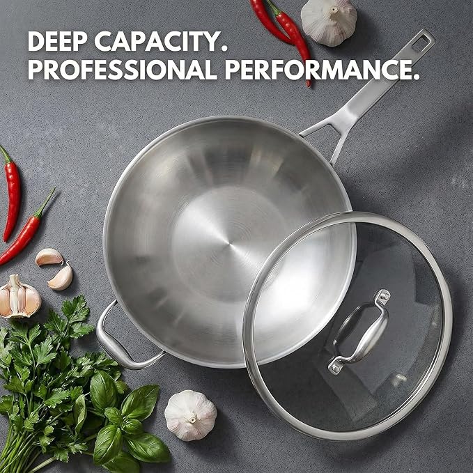Inqibee 14 Inch Stainless Steel Wok Pan with Lid, Detachable Handle | Uncoated Tri-Ply Stainless Steel Stir Fry Pan, Everyday Cooking Wok for Induction, Flat Bottom, Dishwasher & Oven Safe