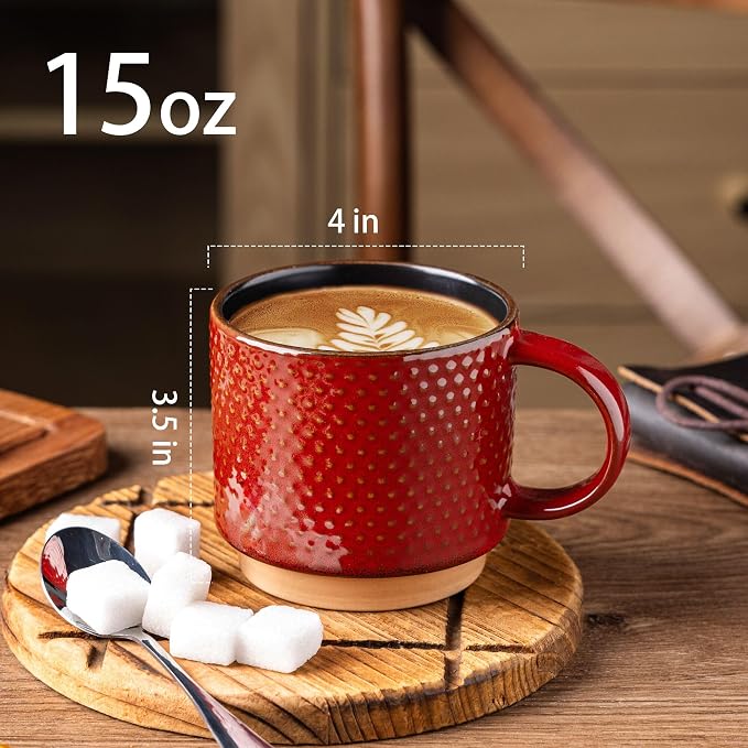 GBhome 15 OZ Stackable Coffee Mugs Set of 4, Ceramic Coffee Cups Set | 4 Assorted Designs, Embossed Mugs with Texture Patterns for Tea/Coffee, Dishwasher&Microwave Safe, Red