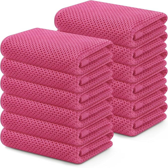 Kitinjoy 100% Cotton Waffle 12-Pack Kitchen Towels, 13" x 28", Hot Pink | Super Soft, Ultra-Absorbent, Fast Drying, lightweight, Quick Drying Kitchen Hand Towels