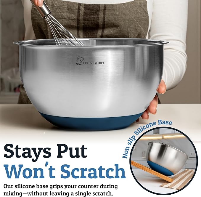 Stainless Steel Mixing Bowls with Lids Set, Metal Nesting Bowls with Airtight Lids, Graters, Non-Slip Base & Measurement Marks, Includes Utensil Set for Prep, Baking & Storage, Blue