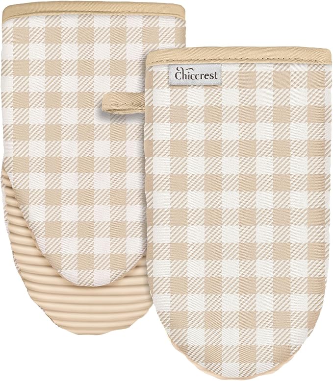 100% Thick Cotton Oven Mitts Ribbed Soft Silicone Beige Gingham | Aesthetic Oven Mitts for Women, Machine Washable Non-Slip Kitchen Mitts, Reversible for Both Hands, Stylish Kitchen Decor