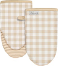 100% Thick Cotton Oven Mitts Ribbed Soft Silicone Beige Gingham | Aesthetic Oven Mitts for Women, Machine Washable Non-Slip Kitchen Mitts, Reversible for Both Hands, Stylish Kitchen Decor