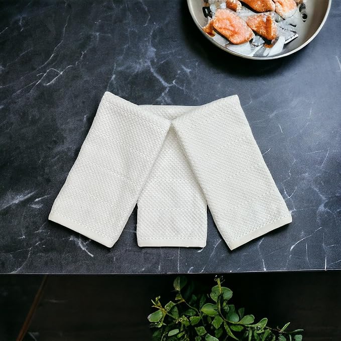 White Kitchen Hand Dish Towels, Set of 3, 100% Cotton, 18" x 28" | Terry Loop Textured, Soft & Absorbent Cleaning Cloth, Quick Dry, Multipurpose for Everyday Use