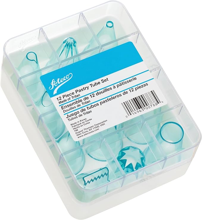 Ateco - 12 Piece Cake Decorating Tube Set, High Impact Plastic Tubes in Storage Box,Silver