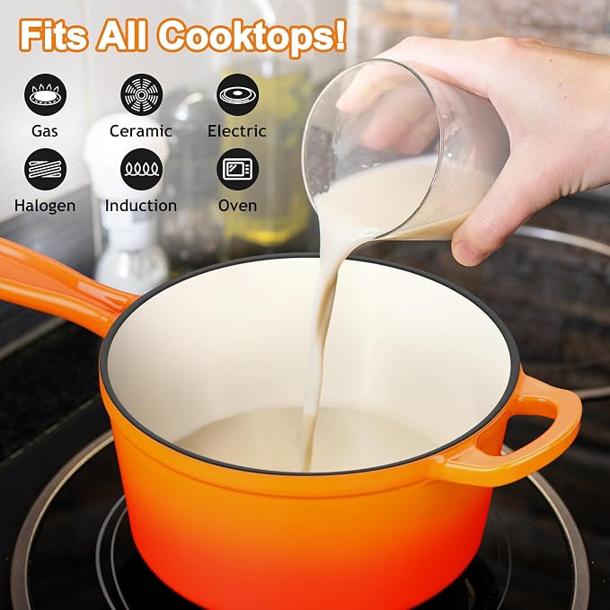 Enameled Cast Iron Sauce Pan with Lid, Leonyo 1 Quart Saucepan with Lid, Small Cast Iron Dutch Oven Kitchen Cookware Pot for All Cooktops Making Pasta, Soup, Milk - Up to 500°F & 4.4Lbs, Orange