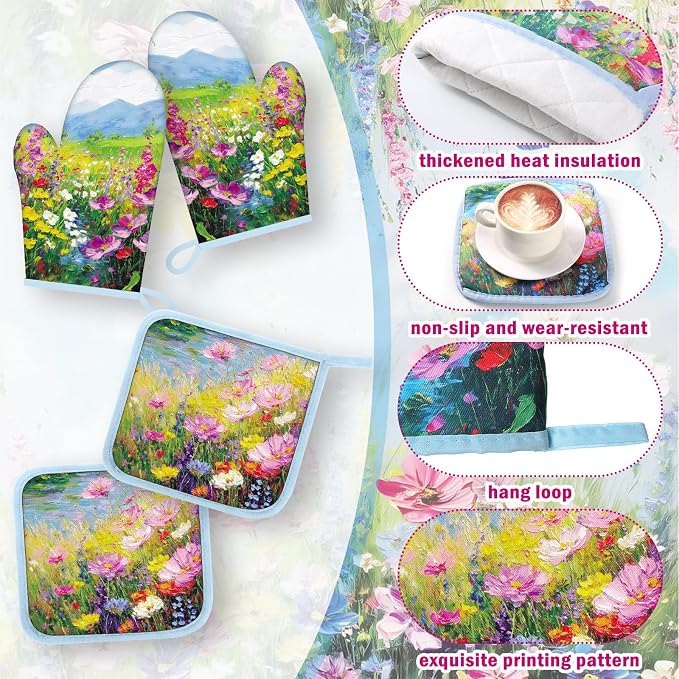 Fourluoo 10 Pcs Spring Kitchen Decor Sets Oil Painting Kitchen Towels Pot Holders Oven Mitts Floral Non Slip Rugs and Mats for Floor Home Accessories Cooking Baking Grilling