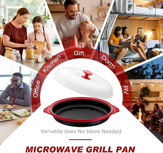 Microwave Grill Pan with Lid, Microwave Bacon Cooker, Microwave Griller & Crisper Pan for Grilling, Frying, Browning and Crisping, Microwave Cookware for Grill Meat, Vegetable, Safe for Family,Dorms