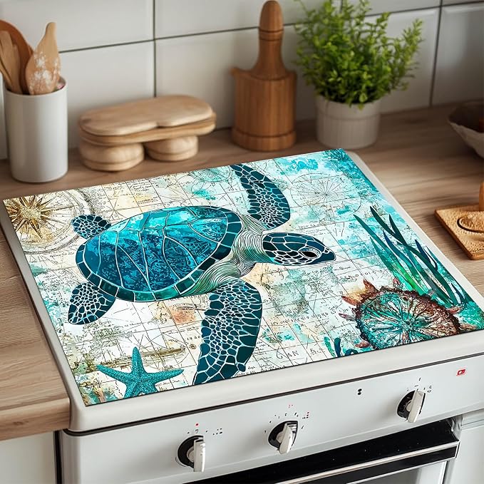 HOMETITUTE Sea Turtle Stove Top Cover 28x20 Ocean Map Diatomite Mat