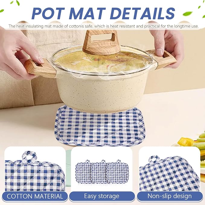 4pcs Pot Holders for Kitchen, Cotton Kitchen Hot Pads, Heat Resistant Oven Mitts and Pot Holders Sets (Blue Tartan)