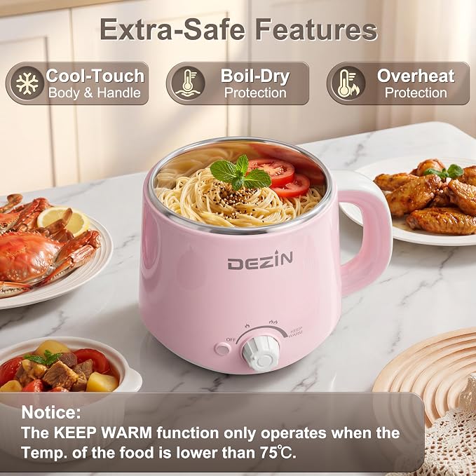Dezin Hot Pot Electric, 1.6L Stainless Steel Ramen Cooker with Keep Warm | Rapid Noodle Cooker, Dual Temp Control, for Ramen, Egg, Pasta, Dumpling, Soup, Porridge & Oatmeal, Ideal for Dorm & Office