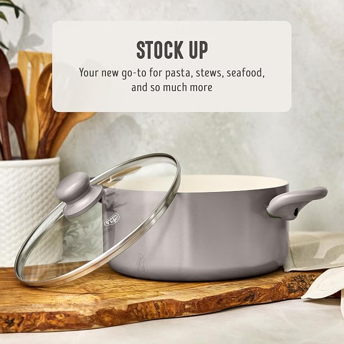 GreenLife 5QT Ceramic Nonstick Stockpot with Lid, Light Gray | PFAS-Free Nonstick Coating, Casserole Pot, Soup Pot, Pasta Pot, Induction Ready, All Stovetop Compatible, Dishwasher Safe