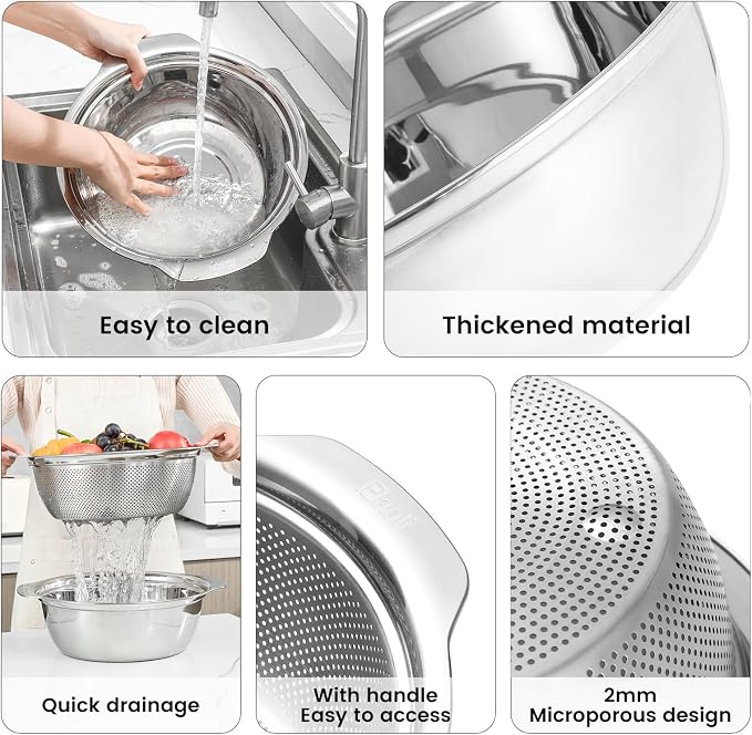 Paoli 304 Stainless Steel Fine Mesh Colander Set, 2QT Large Capacity Strainer with Mixing Bowl — Rinse Fruits, Veggies, Rice & Drain Pasta, Dishwasher Safe (2-Piece)
