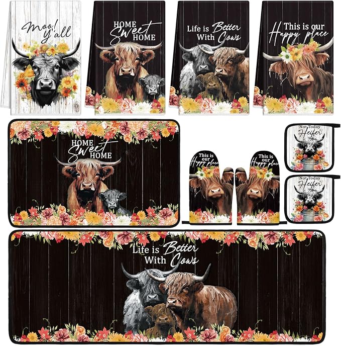 Fourluoo 10 Pcs Highland Cow Flowers Kitchen Decor Set Kitchen Towels and Rugs Oven Mitts and Pot Holders Farmhouse Rustic Decor Set for Cooking Baking Grilling Women Mom Gift