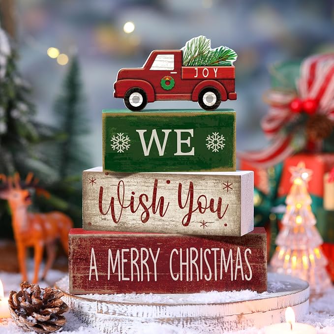 Lineshading 4 Pcs Wooden Red Truck Christmas Decor Block Signs | Farmhouse Tiered Tray Decor, Rustic Indoor Tabletop Centerpiece, Vintage Wooden Block Signs, Merry Christmas Truck Theme