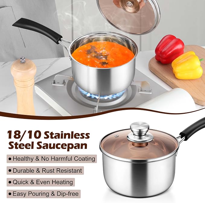 LIANYU 3QT Saucepan with Lid, Stainless Steel Sauce Pan, Induction Ready | Small Sauce Pot, Multipurpose Cooking Pot for Milk, Soup & Butter, Stay-cool Handle, Heavy Duty & Non Toxic, Dishwasher Safe
