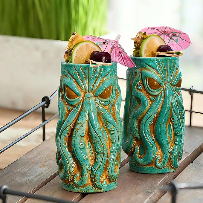 Kraken Ceramic Tiki Mug, 18 oz Hi Ball 4 pc Set