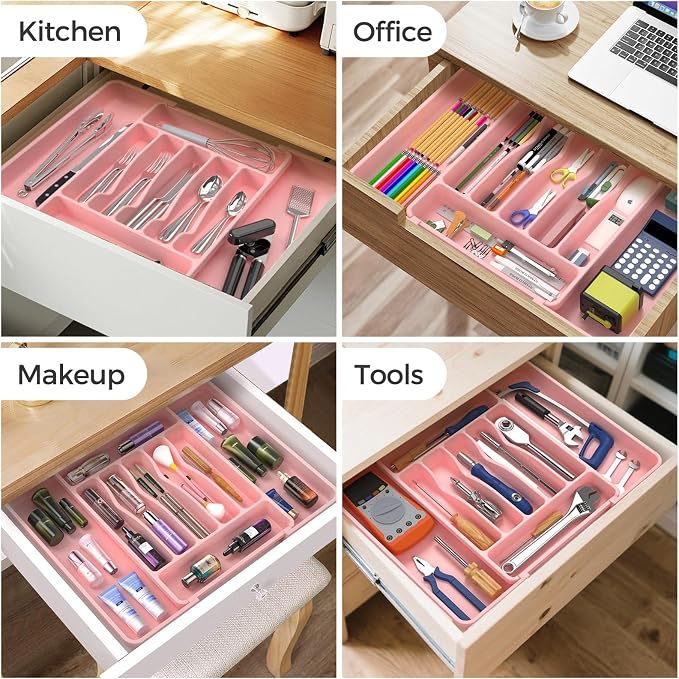 ukeetap Extra Large Expandable Silverware Organizer, Flatware Tray, Pink | BPA-Free Food-Safe Kitchen Utensil Cutlery Drawer Organizer, Adjustable Silverware Holder for Spoons Forks Knives