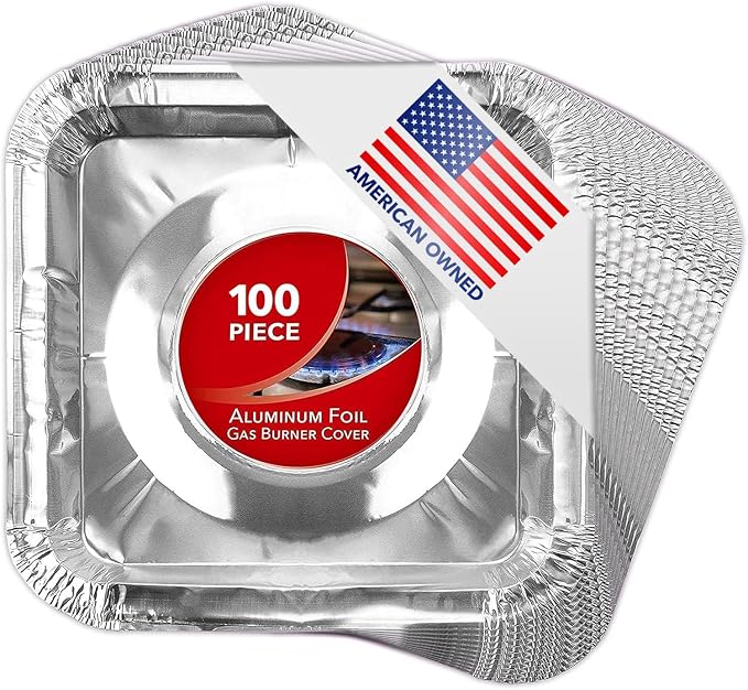 Disposable Gas Burner Liners (100 Pack) Aluminum Foil Square Gas Stove Burner Covers - 8.5 Inch Gas Range Protector, Stove Top Covers for Gas Burners, Foil Liners to Catch Oil, Grease, and Food Spills