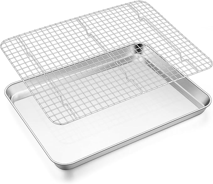 E-far Baking Sheet with Wire Rack Set, 17.6" x 13" (1 Pan +1 Cooling Rack) | Stainless Steel Sheet Pan with Cooling Rack for Oven, Large Metal Bacon Tray for Cooking Roasting, Non-Toxic, Dishwasher Safe