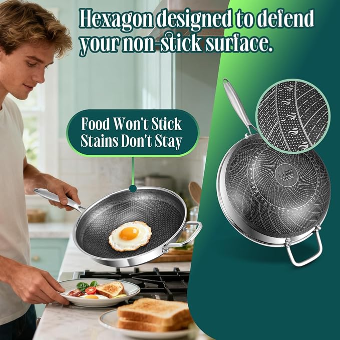 AOSION Hybrid 13 Inch Wok with Steamer, Nonstick Stainless Steel Wok | Wok Pan & Stir-Fry Pans