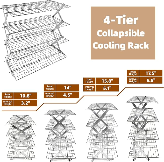 4 Tier Collapsible Cooling Rack Sourdough Cooling Rack 17"x10" | Cooling Racks for Cooking and Baking, Roasting, Grilling, Adjustable 6 Setting Design stackable, Oven & Dishwasher Safe