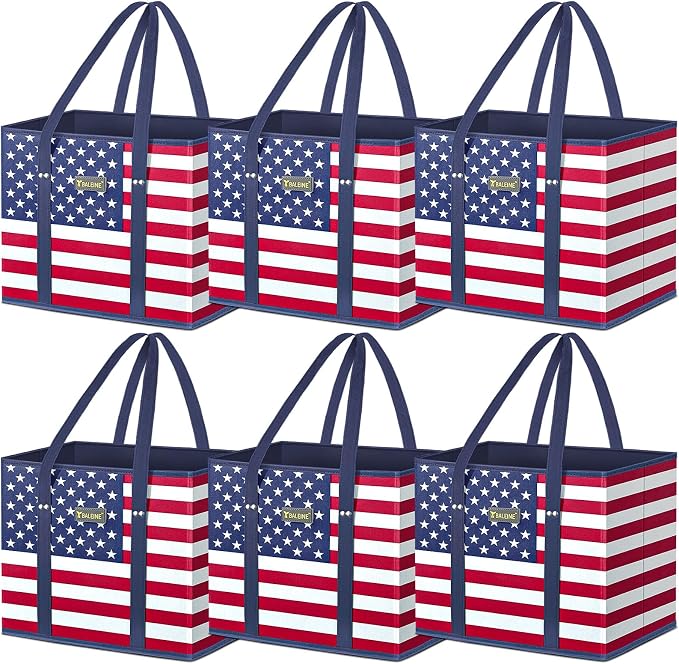 BALEINE 6PK Reusable Grocery Bags, Heavy Duty Shopping Tote Bag | 12'' Long Handles, Reinforced Bottom Keeps Upright, Fold Flat Storage, Water-Resistant Shopping Bag, Multiple Color Options