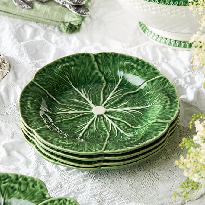Le Jardin Green Cabbage Plates 3D SALAD/DESSERT PLATES, SET OF FOUR - 9" Sculpted Green Stoneware Leaf Plates – Seasonal Spring & Summer Tableware for Fresh, Nature-Inspired Dining