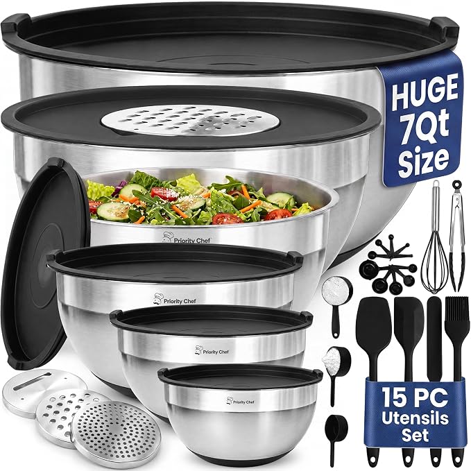 6Pc Stainless Steel Mixing Bowls with Lids Set, Huge 7 Qrt Size Metal Bowl Set for Kitchen, 3 Graters, Non-Slip Bases & Silicone Utensils Set, Black
