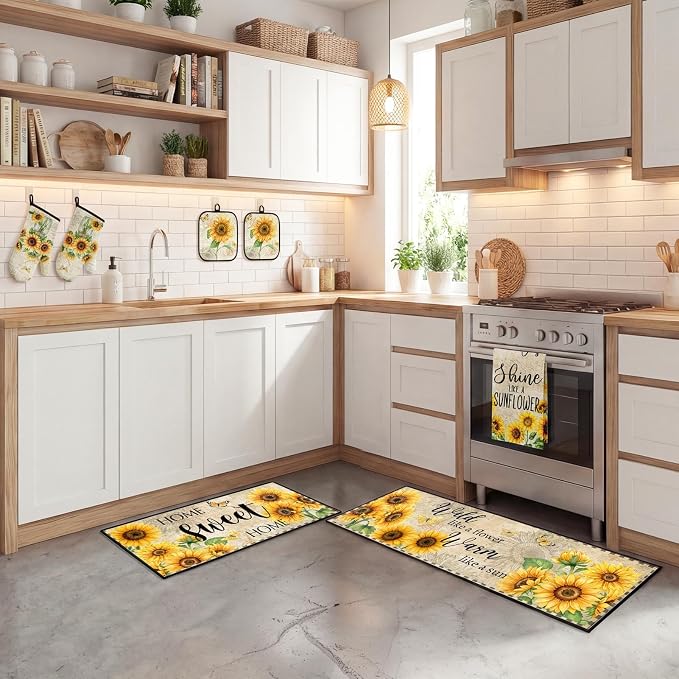 10 Pcs Kitchen Decor and Accessories Set, Sunflower Fall | Farmhouse Rustic 4 Dish Towels Kitchen Rugs 2 Oven Mitts 2 Pot Holders, Home Decor for Cooking Baking BBQ Housewarming