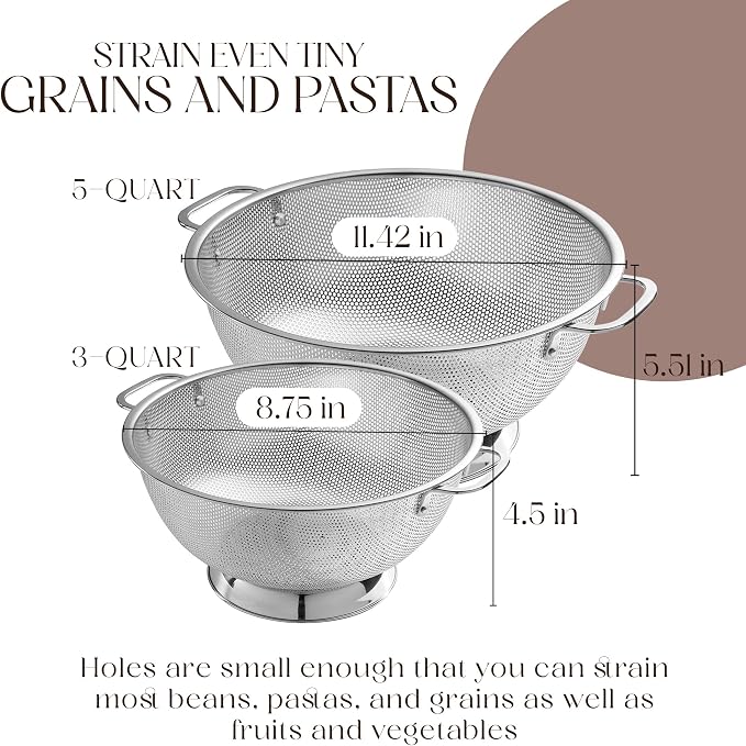Bellemain Stainless Steel Colander for Kitchen, 3 & 5 Qt Strainers