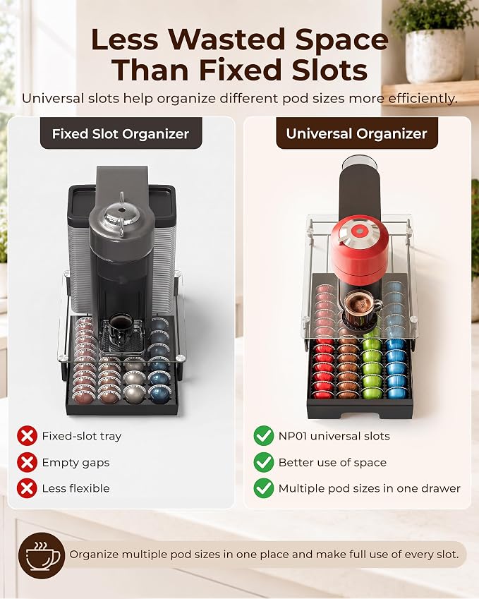EVERIE Nespresso Vertuo Pod Holder Drawer, Coffee Pod Organizer with Universal Slots, Holds 40 Large or 52 Small Capsules, Tempered Glass Top Storage Drawer for Coffee Makers, 12" x 16.5" x 3.5"