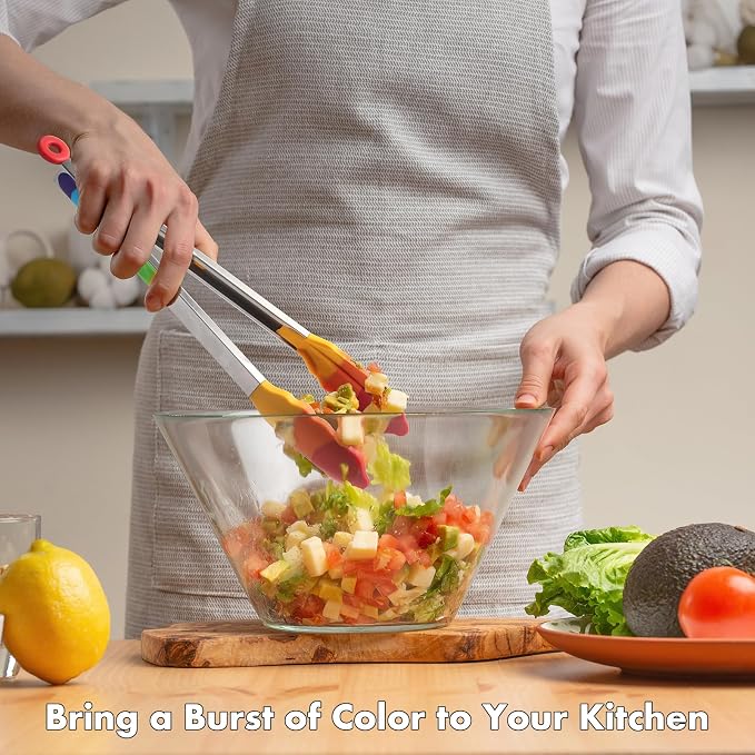 OYV Rainbow Silicone Tongs for Cooking, Heat Resistant Kitchen Tongs for Salad, Grilling, Cooking, 304 Stainless Steel Locking and BPA Free Silicone Tips Set of 2, 9 and 12 Inch