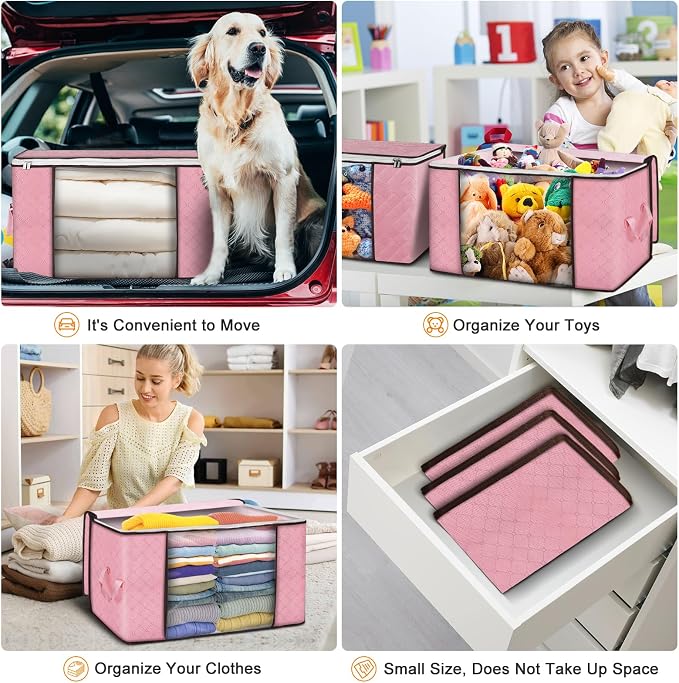 90L Large Storage Bags, 4 Pack Clothes Storage Bins Closet Organizers | Foldable Storage Containers, with Reinforced Handle, for Clothing, Blanket, Comforters, Bed Sheets, Pillows and Toys
