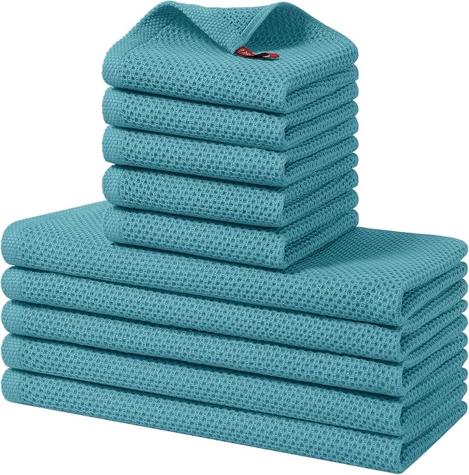 Homaxy 10 Pack 100% Cotton Kitchen Towels and Dishcloths Set, Lake Blue | 12 x 12 Inches and 13 x 28 Inches Kitchen Towels Set, Ultra Soft Absorbent Dish Cloths for Washing Dishes