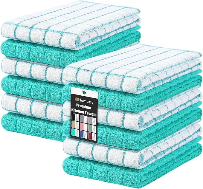 Homaxy Large Premium Cotton Kitchen Towels 16"x 28", 12 Pack, Aqua | Natural Ring Spun 390 GSM Dish Towels, Super Absorbent Terry Kitchen Hand Towels, Soft Tea Towels with Hanging Loop