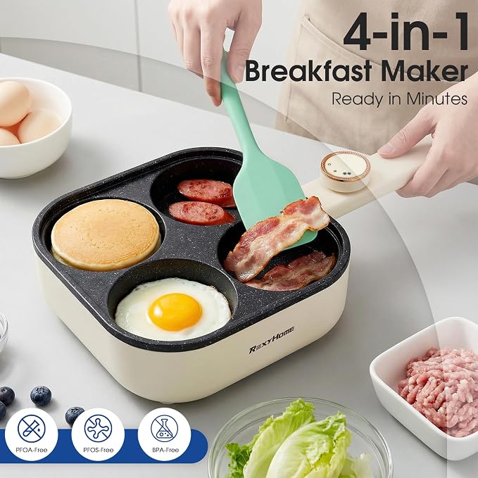 Electric Egg Pan Nonstick: No Stove Needed 900W 4-Cup Omelette Pan | Granite Material, 2 Power Adjustable, Breakfast Non Stick Frying Pans Skillet for Eggs, Pancakes, Crepes, Plett and More