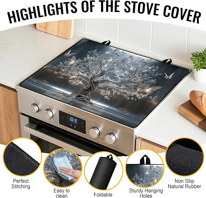 NYZE 28" x 20" Electric Stove Top Cover - Silver Tree of Life Glass Stovetop Protector Mat, Heat Resistant Silicone Stove Topper & Counter Space Saver for Modern Kitchen Decor