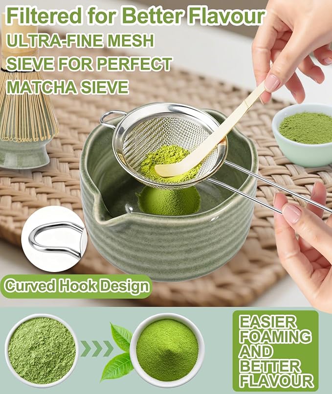 JBER Matcha Whisk Set, 7PCS Matcha Set with Bamboo Whisk for Matcha Lovers | Ceramic Matcha Kit Includes 17oz Bowl, Whisk (Chasen) 100 Prongs, Holder, Spoon, Sifter for Matcha Beginners, Mottled Green