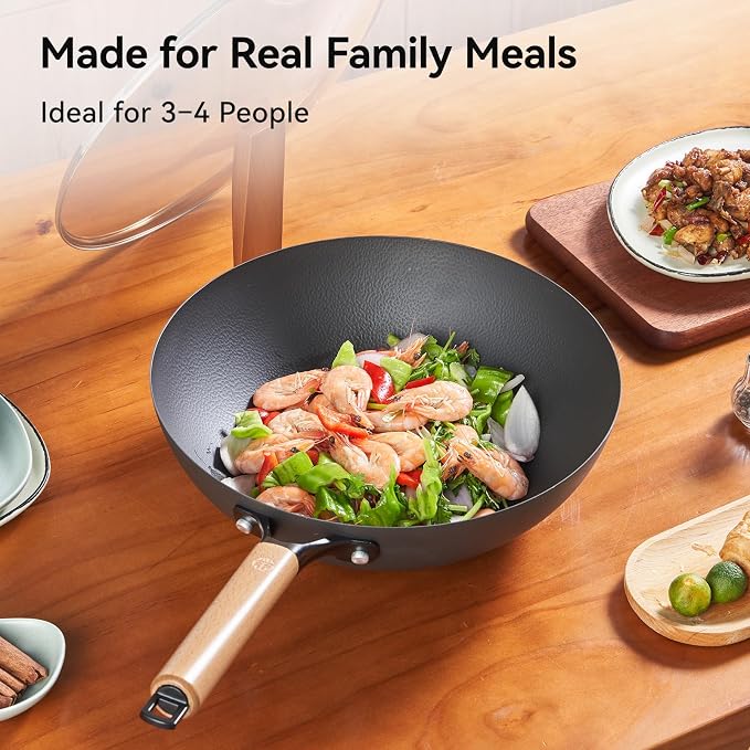 WANGYUANJI 12.6" Carbon Steel Wok with Lid, Flat Bottom Wok Pan for Induction and Gas Stoves, Heavy Duty Unseasoned Asian Stir Fry Pan with Detachable Wooden Handle