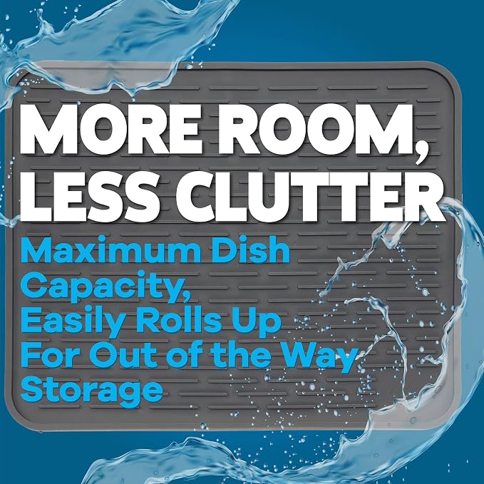 XXL Silicone Dish Drying Mat for Kitchen Counter or Under Sink, 24" x 18" Extra Large, Waterproof Pet Feeding Mat, Water Bowls, Under Drying Racks for Dishes, Coffee Bars, Bar Mats (Slate Grey)
