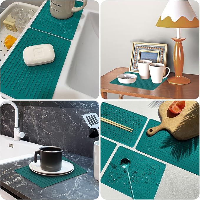 Dish Drying Mats, Heat-resistant Silicone Mat for Kitchen Counter, Non-Slip Dish Dry Mat Dishwasher Safe Small, Turquoise