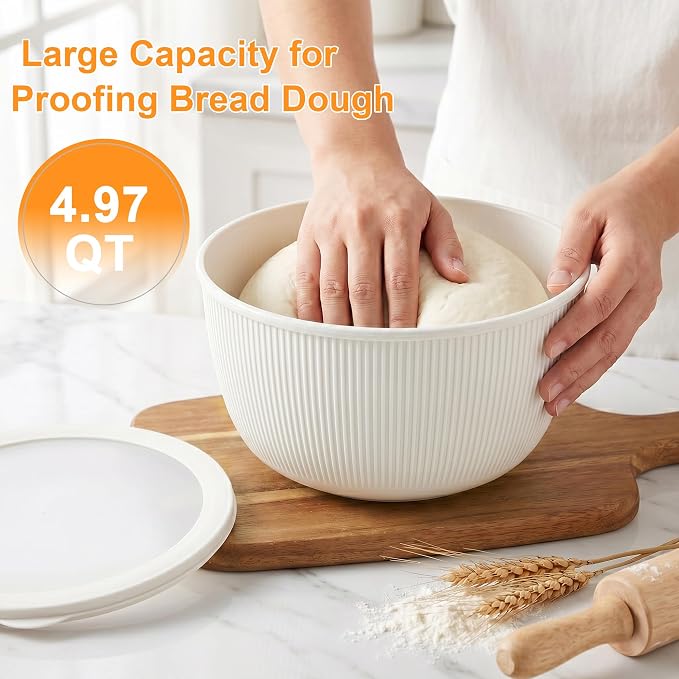BoxedHome Plastic Mixing Bowls with Lids Set,4.97QT Large Capacity Deep Nesting Bowl,8 Pieces Set BPA-Free Prep Bowls,Dishwasher & Microwave Safe,Beige