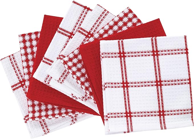 T-Fal Premium Waffle Dish Cloths: Highly Absorbent, Super Soft Long Lasting - 100% Cotton, 12"x13" Towel for Cleaning & Drying, (8-Pack), Red