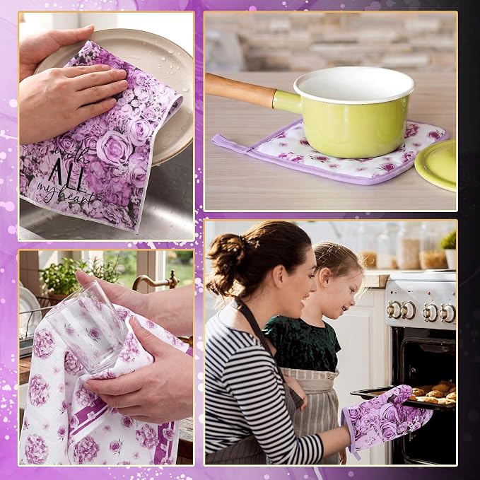 Leinuosen 8 Pcs Purple Rose Kitchen Towels and Dishcloths Sets Pot Holders and Oven Mitts Sets Absorbent Kitchen Gloves Potholders Heat Resistant for Chef Baking Cooking