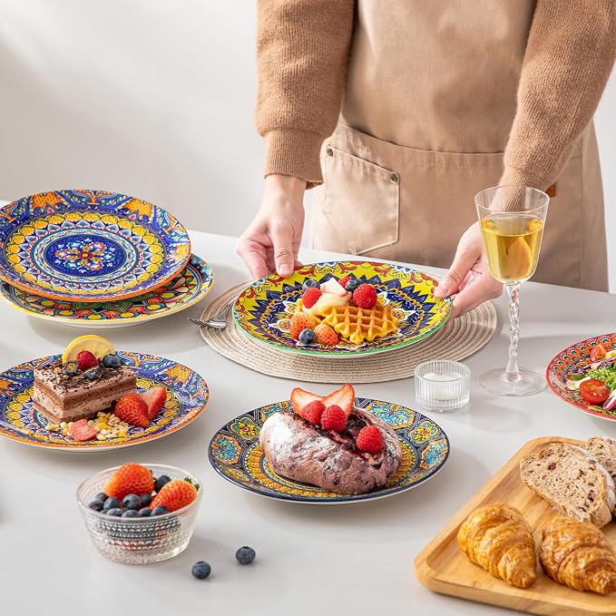 vancasso Colorful Dessert Plates Set of 6, 8.5 Inch Ceramic Salad Plates | Boho Small Dinner Plates, Bohemian Printed Kitchen Plate for Breakfast, Microwave & Dishwasher Safe Dishes, Series KRVI