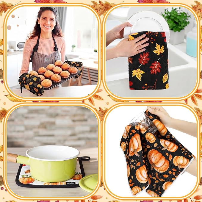 Fourluoo 10 Pcs Fall Pumpkin Kitchen Decor Set Towels Rugs Oven Mitts and Pot Holders Autumn Leaves Pumpkin Decor for Women Mom Gift Cooking Baking Grilling