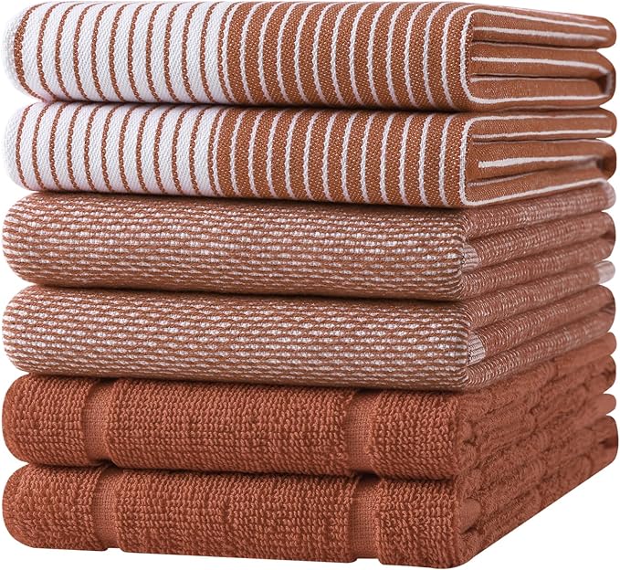 Homaxy 6 Pack Cotton Terry Premium Kitchen Towels, 18 x 28 in, Rust | Large 380 GSM Dish Towels, Highly Absorben Flat & Terry Kitchen Hand Towels, Soft Utility Tea Towel Set with Hanging Loop
