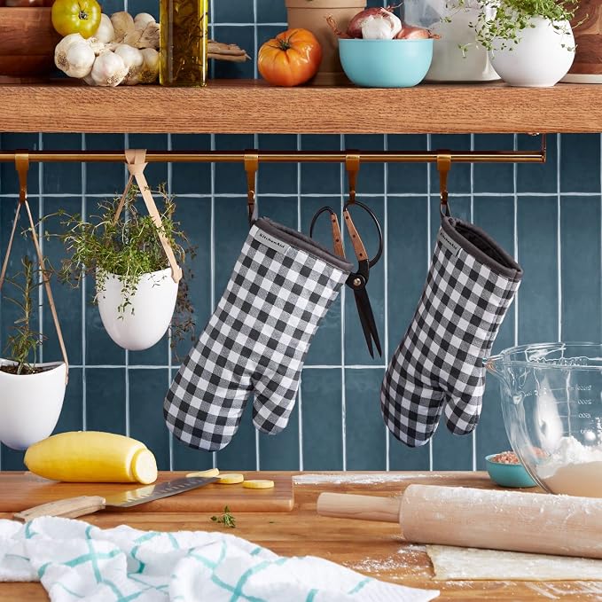 KitchenAid Gingham Oven Mitt 2-Pack Set, Charcoal Grey, 7"x13"
