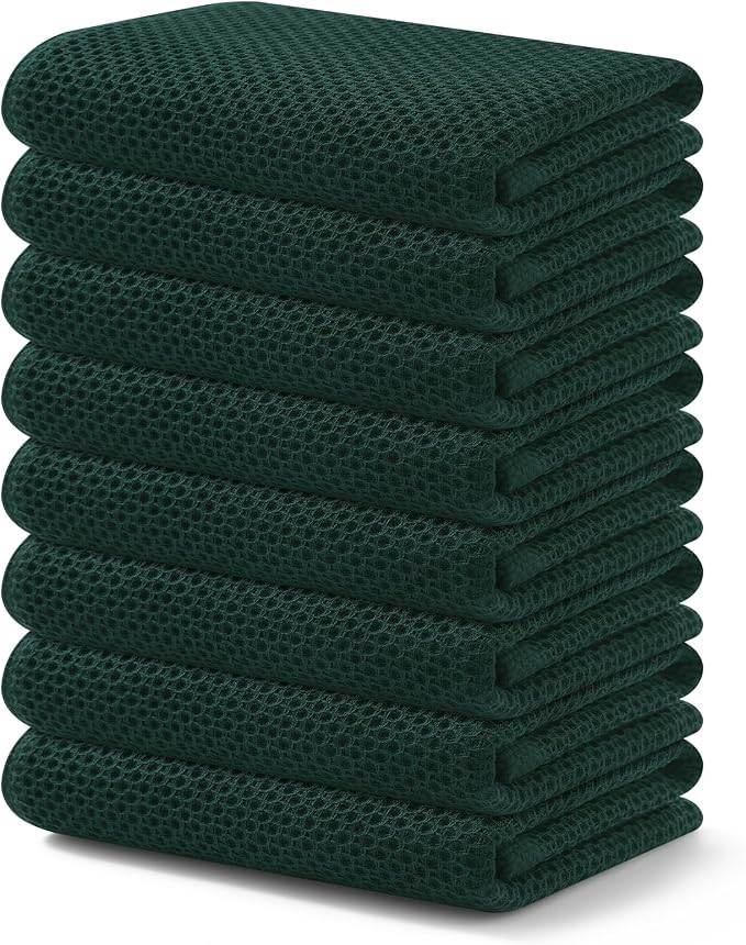 Kitinjoy Cotton Waffle 8-Pack Kitchen Towels, 13" x 28", Blackish Green | Super Soft, Ultra-Absorbent, Fast Drying, lightweight, Quick Drying Kitchen Hand Towels