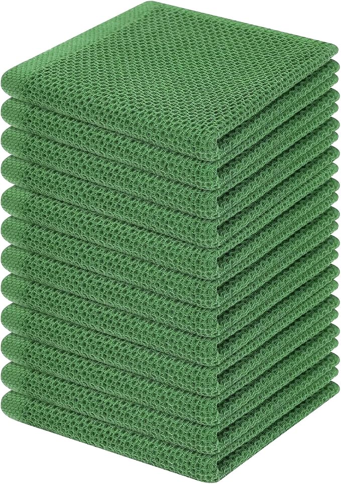 Homaxy 100% Cotton Waffle Weave Kitchen Dish Cloths 12-Pack, Grass Green | 12 x 12 Inches, Ultra Soft Absorbent Dish Towels, Quick Drying Dish Rags with Hanging Loop
